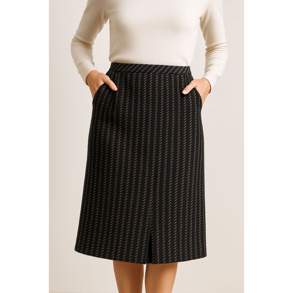 100% New Wool Midi Skirt Black Brown Striped Lined Vintage 80s Veratex Japan